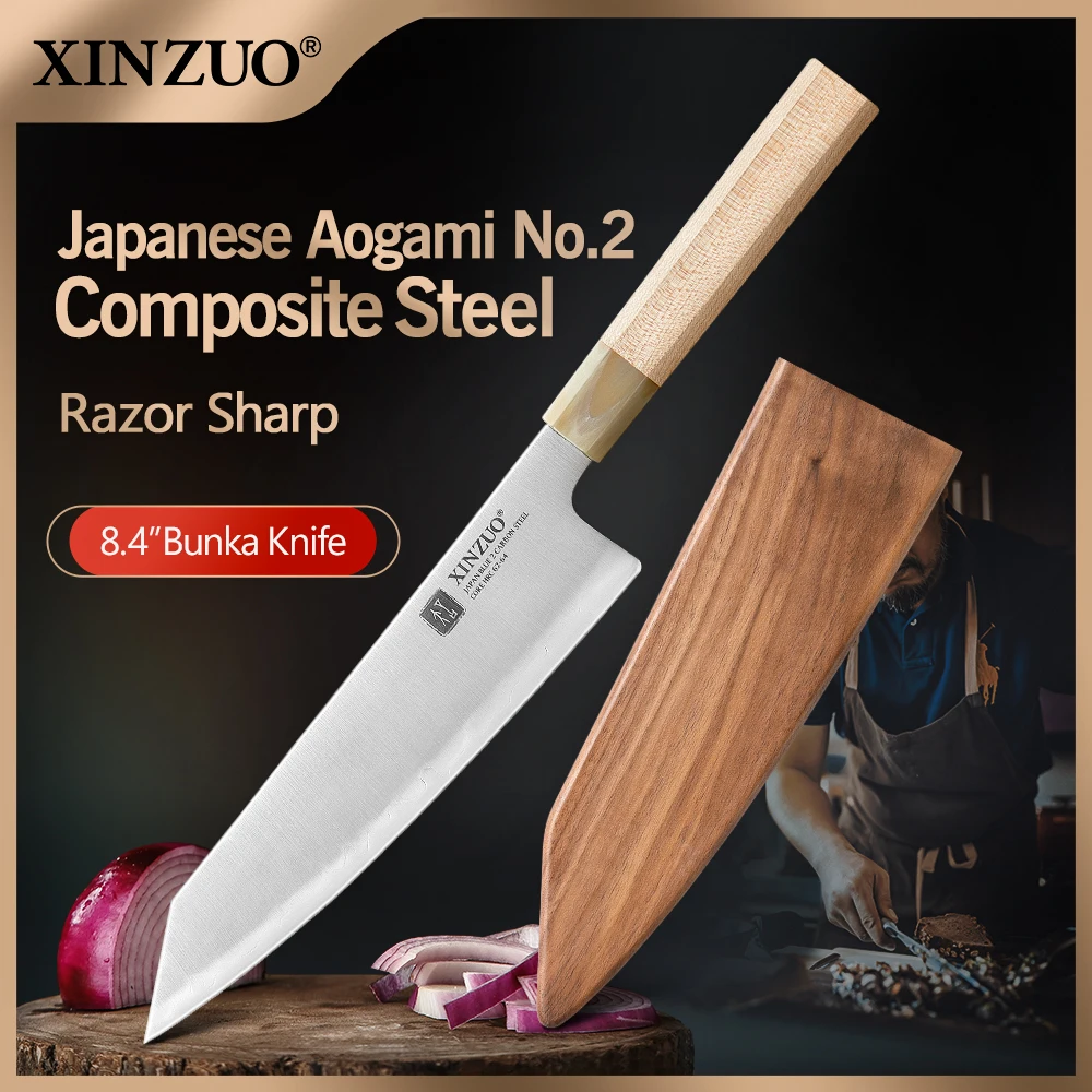 Фото Нож Bunka XINZUO 8,4 дюйма, изготовленный на заказ из композитной стали Sanyo Riki Aogami No 2, с тонкой водной заточкой для бритвенной остроты. №1