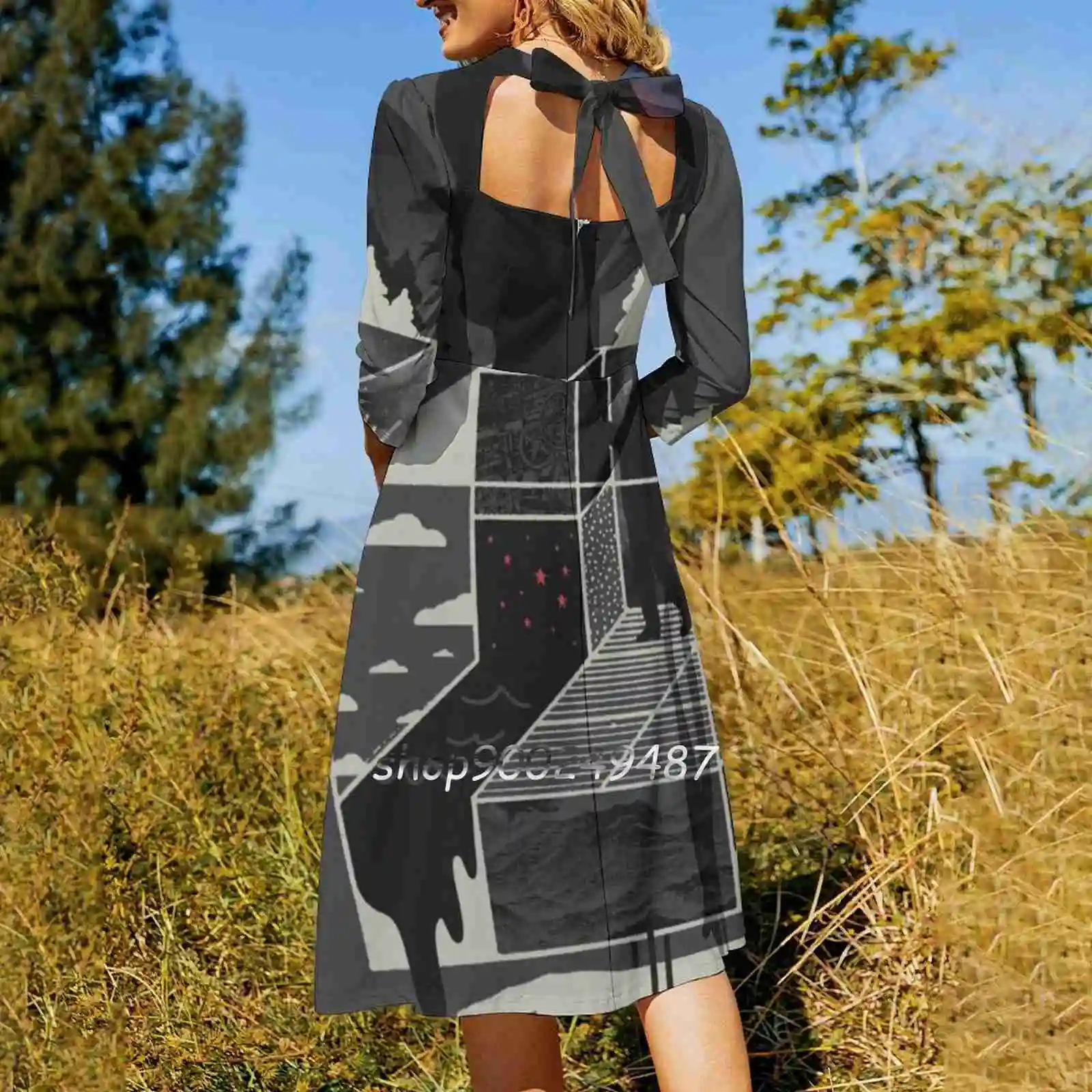 Блестящее кричащее платье с квадратным вырезом милые свободные платья принтом