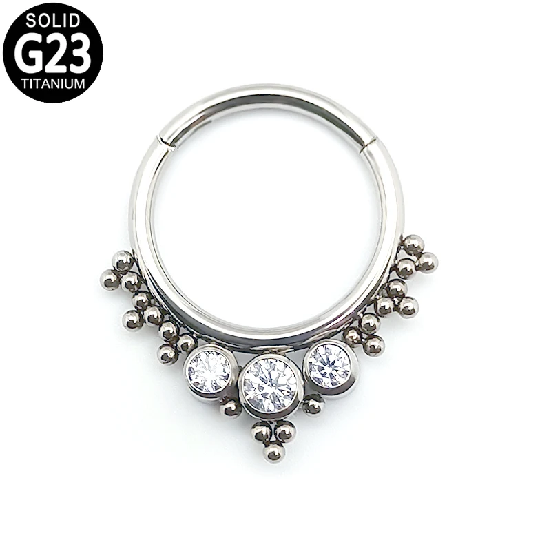 

G23 Titanium Nose Rings Hoop Ear Piercing 3 CZ Cluster Bead Tragus Cartilage Daith Helix Earrings Hinged Segment Septum Clicker