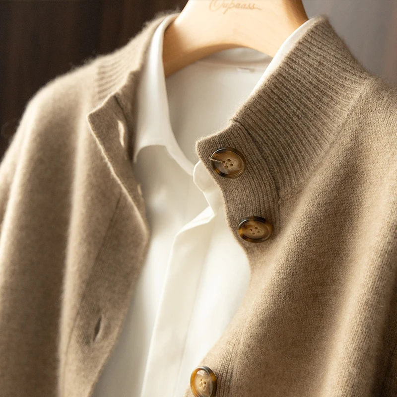 

Autumn and Winter 100% Wool Cashmere Sweater Womens Self-Cultivation Half High Neck Cardigan Warm Knitted Sweater Women
