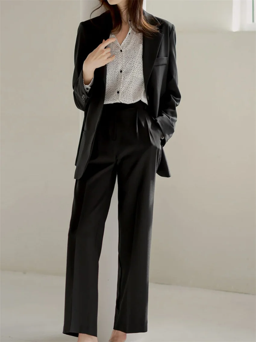 

HziriP Black Formal Suits Women Loose Spring New Fashion Blazers Chic 2022 Office Lady Hot High Waist Solid Pants Sets