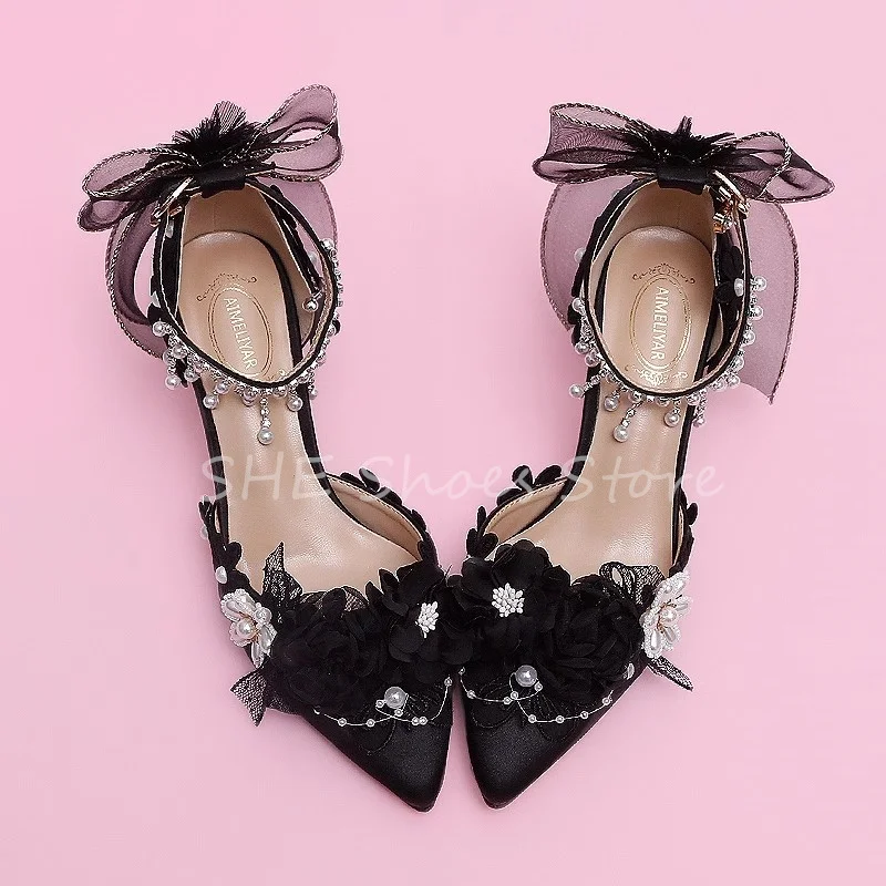 Женские босоножки с жемчужинами свадебные туфли одним ремешком цветами
