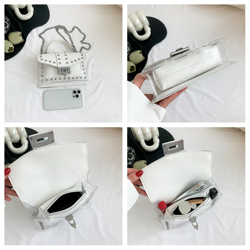 Clear Transparent PVC Shoulder Bags Women Candy Color Women Jelly Bags Purse Solid Color Handbags Female Rivets Crossbody Bag