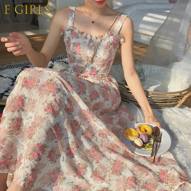 

E GIRLS Women Summer Print Floral Midi Dress Vintage Franch Style Female Strapless Party Dress Casual Holiday Lady Boho Vestido