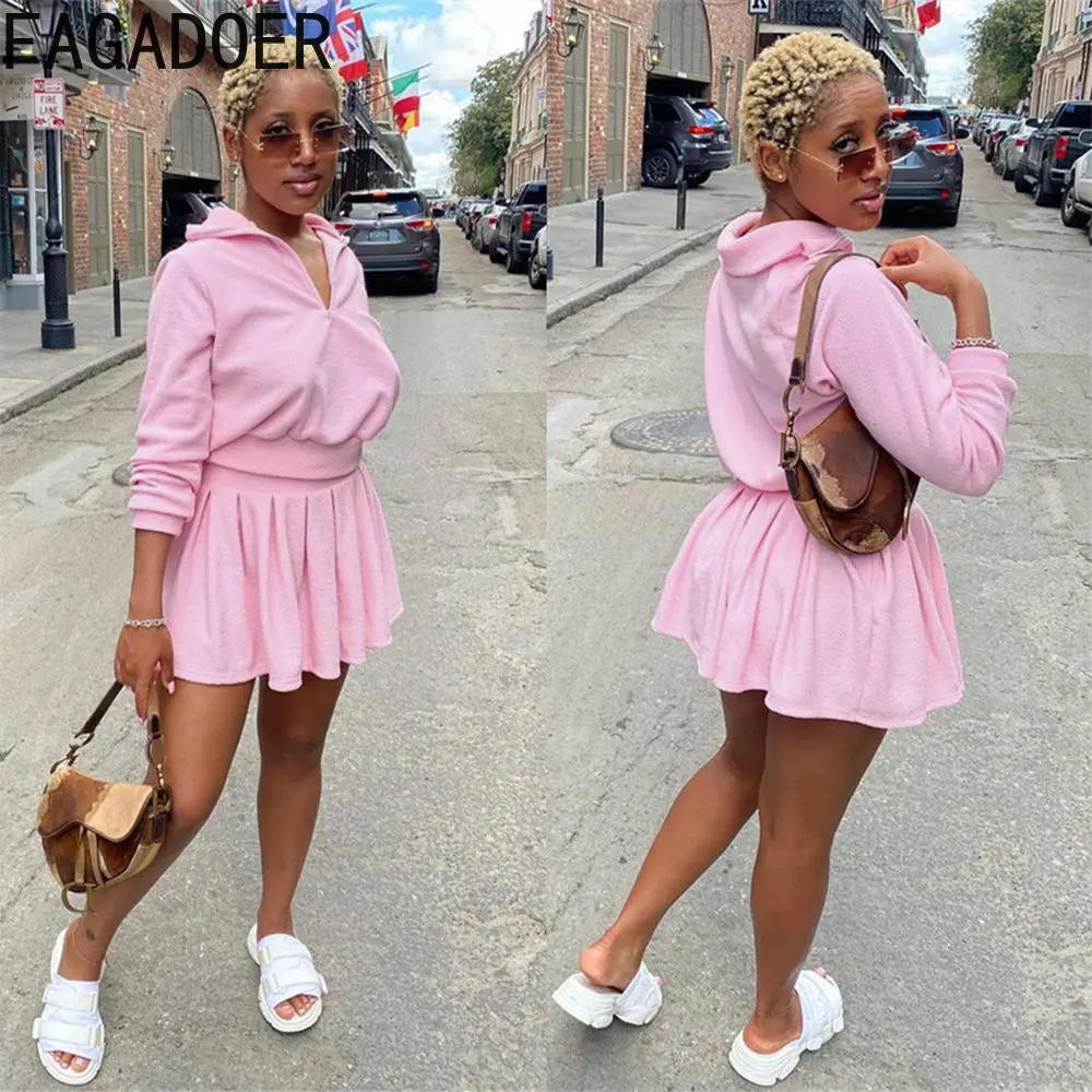

FAGADOER Solid V Neck Short Skirts Tracksuit Women Casual Long Sleeve Top And Pleated Skirts Two Piece Sets Fashion Outfits 2022
