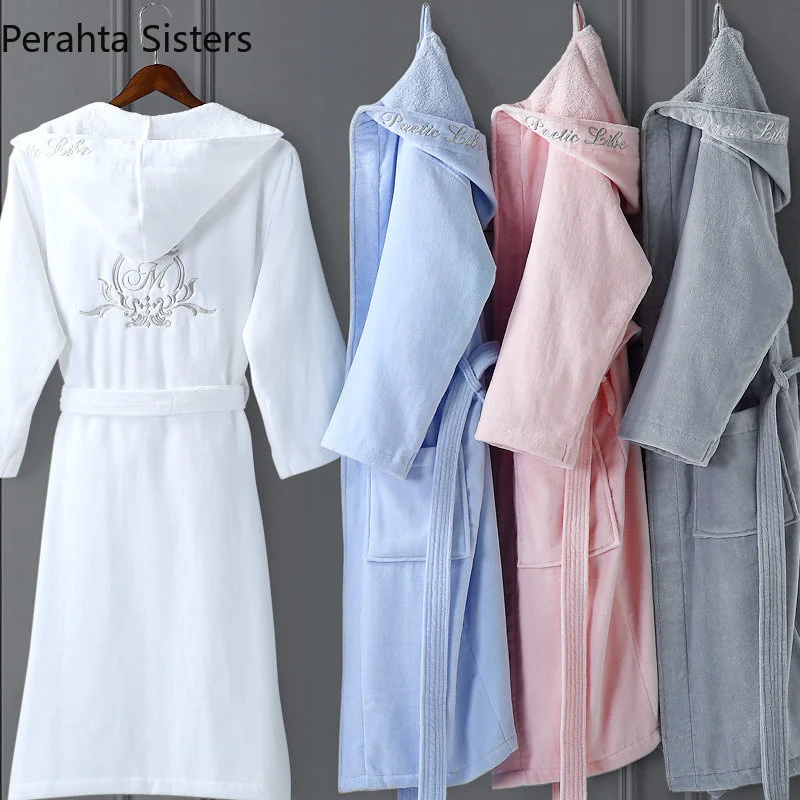 

New Embroidery Towel Terry Cotton Robe Men Women Autumn Winter Hooded Five-star Hotel Bathrobe Male Absorbent Bath Robes