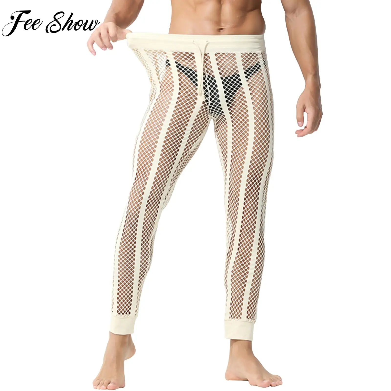 

Mens Hollow Out See-through Mesh Pants Fitness Workout Striped Leggings Bodybuilding Drawstring Elastic Waistband Trousers