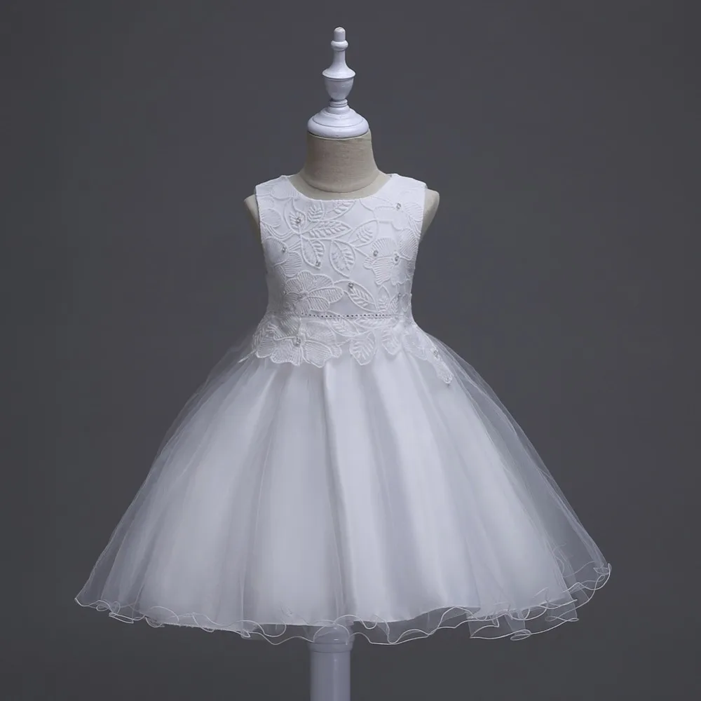 

White Appliques Sleeveless O Neck Ball Beaded Flower Girls Dresses Fashion Pageant Dresses Communion Dresses For Girls