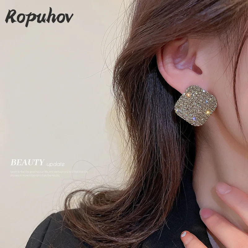 

Ropuhov 2022 New Woman Silver Needle Square Full Of Diamond European American Fashion Exaggerated Temperament Simple Earrings