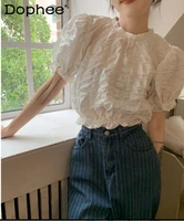 pleated padded shoulder blouse for women all match white top retro puff short sleeve round neck pullover high waist blouses