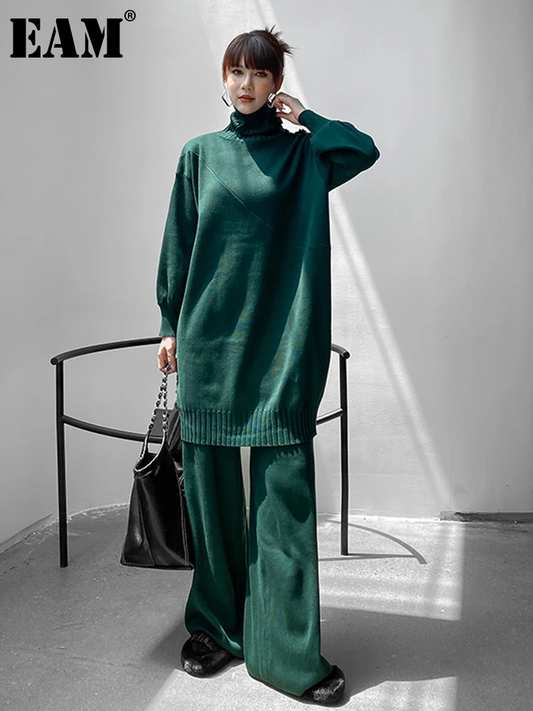 

[EAM] Wide Leg Pants Green Knitting Big Size Two Piece Suit New Turtleneck Long Sleeve Women Fashion Spring Autumn 2022 1DF2256