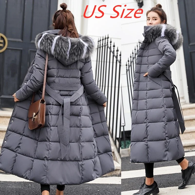 2022 New Winter Fox Fur Collar Knee Coat Women's Warm Fashion Bow Belt Thickening Warm Coat Long Skirt Women's Thick Coat