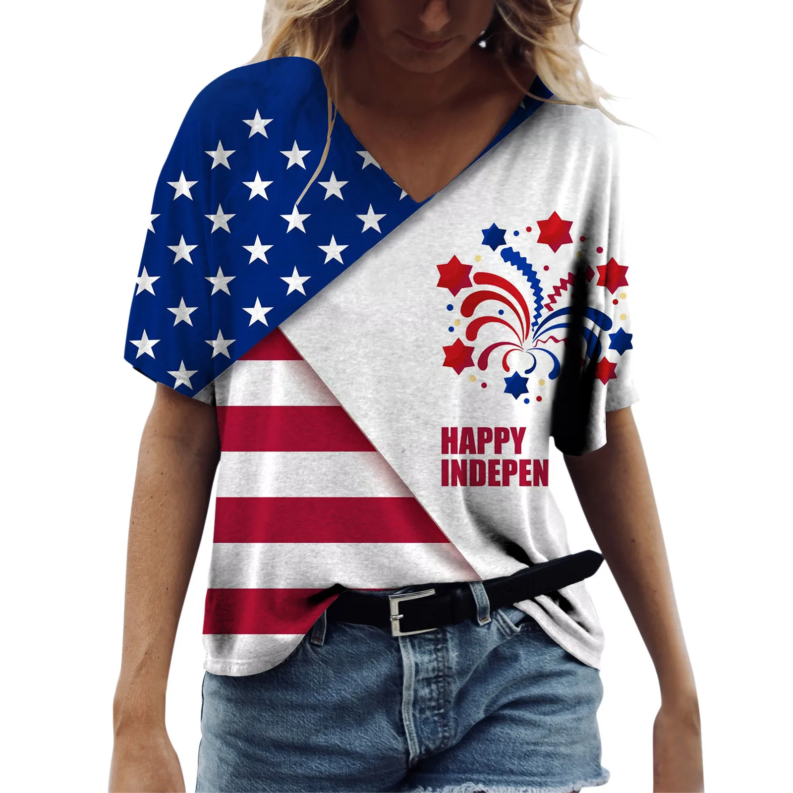 

Женские футболки с принтом День Независимости, повседневные летние рубашки с принтом, футболка с V-образным вырезом и коротким рукавом, своб...