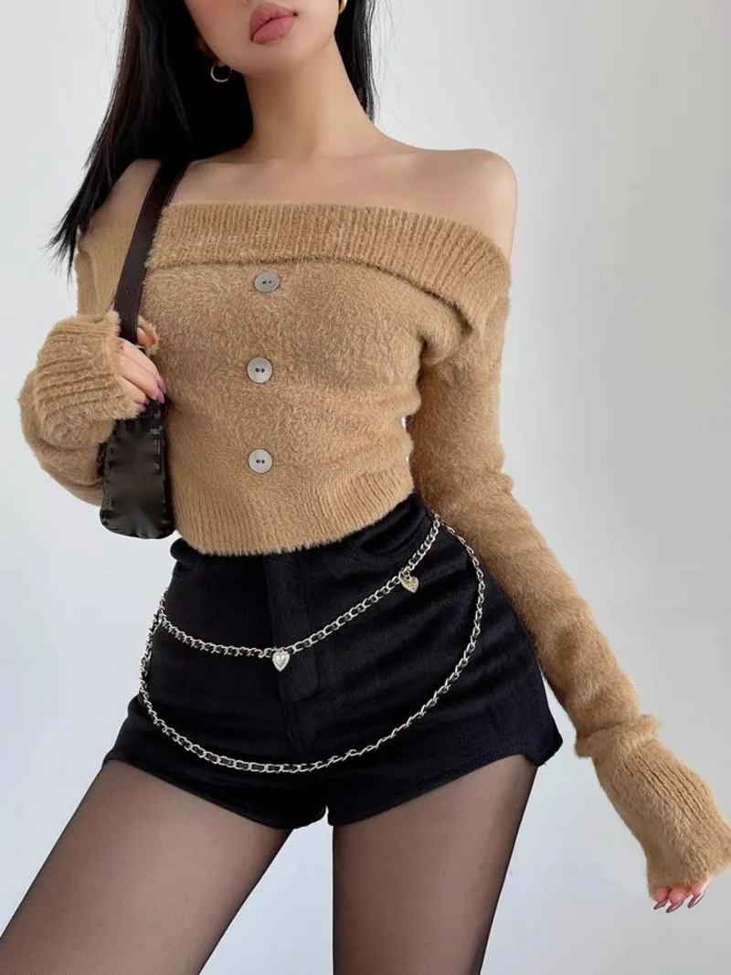 

One Sweet Mohair Shoulder Sweater Women Lazy Short Sweater Fashion Sweet Korean Women Tops Pullovers Buttons Top VGE6