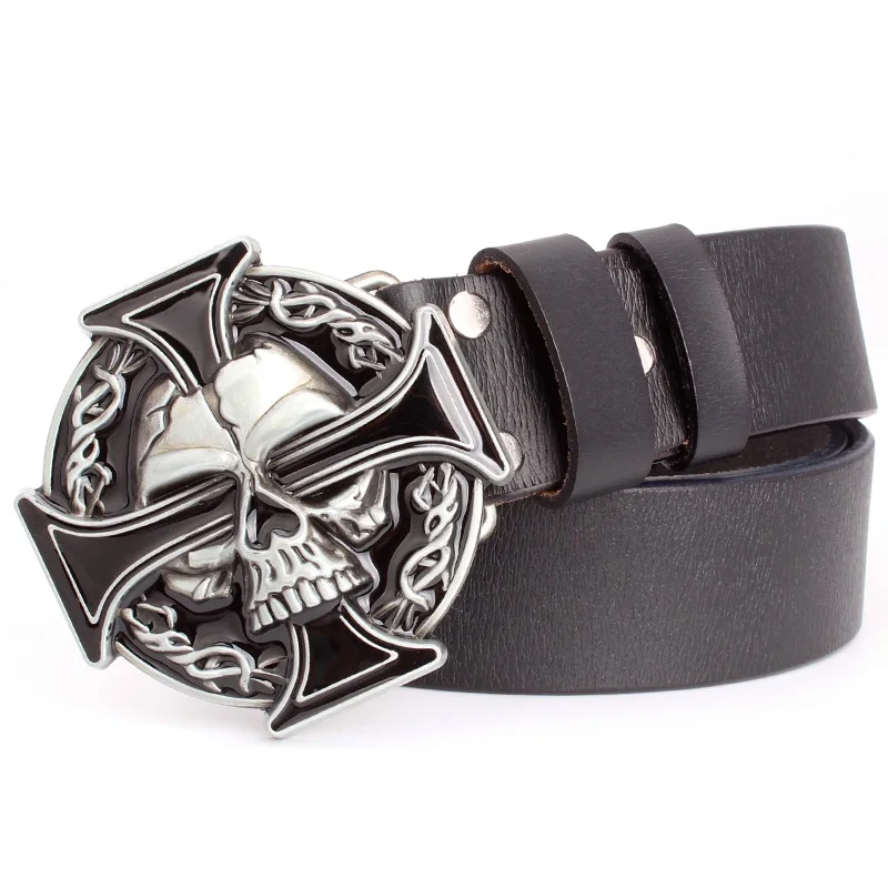 

Man Skull Belt Punk Style Men Belt Buckle Skull Head Silver Skull Cross Skeleton Pattern men's Genuine Leather Belt Gift For Man