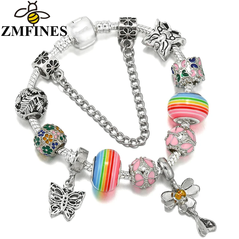 

Colorful Flower Butterfly Beads Pendant DIY Snake Chain Charm Bracelet For Women Lover Party High Quality Jewelry Gift Wholesale