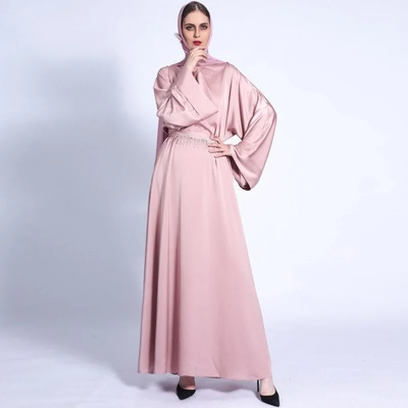2022 Ramadan Matte Solid Color Loose Dress Fringed Diamond Belt Long Skirt Muslim Women Clothes With Bocket Autumn New