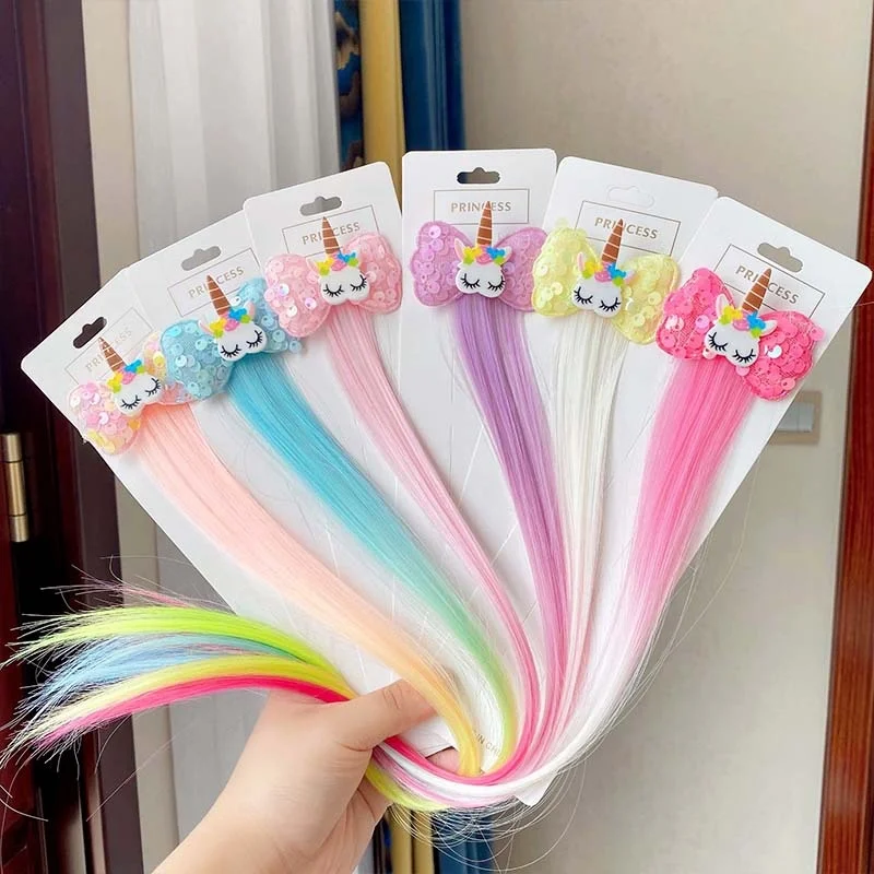 

Sleeping Unicorn Color Wig Gradient Sequins Bow Hair Ribbon Clips For Girl Children Princess Cute Cartoon Braided Hairpin Gift