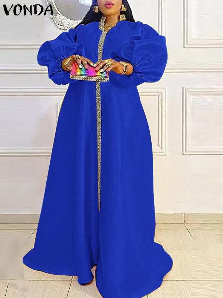 

2023 VONDA женский сарафан, Осеннее Атласное Платье макси с длинным рукавом-фонариком, в стиле пэчворк, повседневное свободное сексуальное платье оверсайз с V-образным вырезом