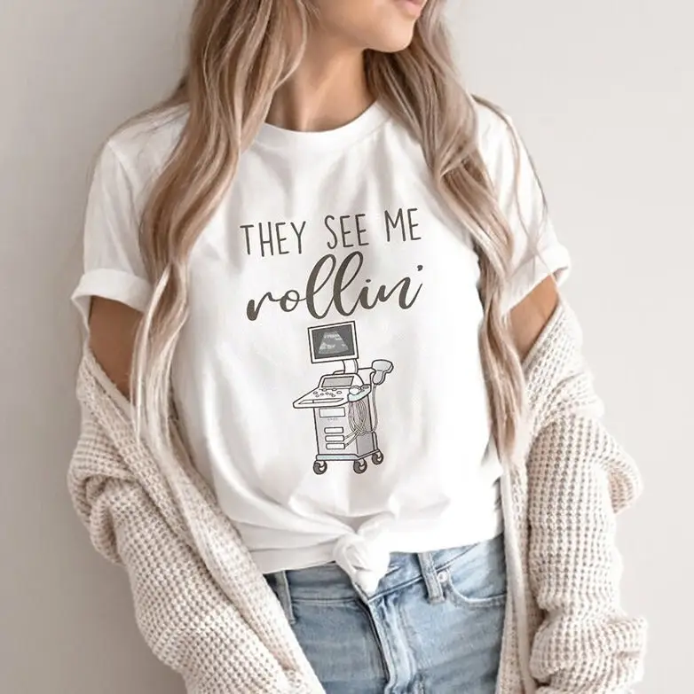 Футболка с ультразвуковой техникой Sonographer Rollin' Technologist Sonography круглым вырезом Rdms