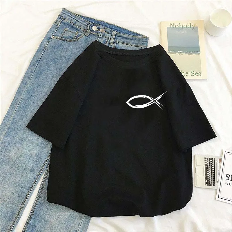 2021 Summer New Christian JESUS Fish Printed T-Shirt Unisex Pure Cotton Round Neck 14 Color Short Sleeve Daily Simple Casual Top |
