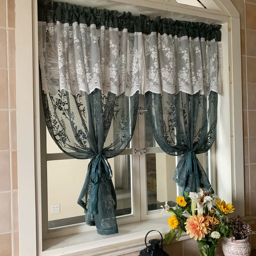 

Dark Green Crape Myrtle Yarn with White Curtain Head Balcony Idyllic Retro Korean Broken Flower Curtains for Living Room Luxury