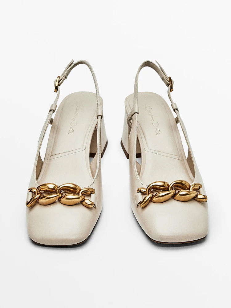 

MOOQDAAX весна лето 2023 новые женские сандалии из натуральной кожи молочно-белые Модные металлические цепочки на толстом высоком каблуке повседневные туфли Muller