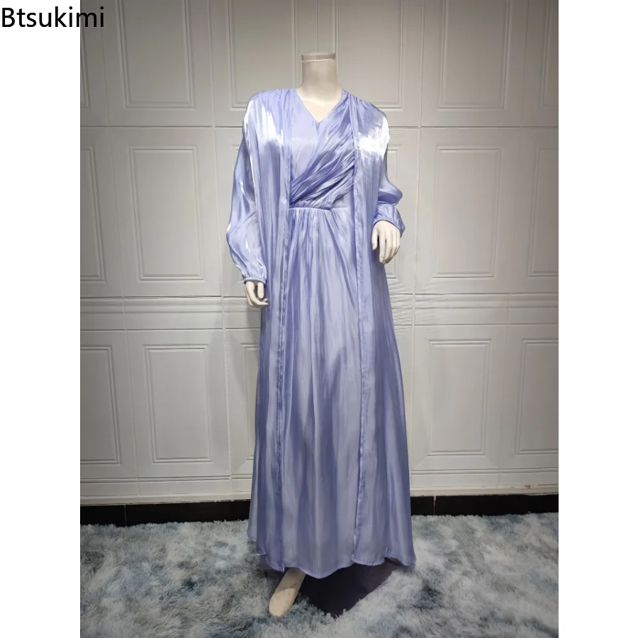 Women 2 Piece Set Silky Satin Abaya Dubai Muslim Dresses Morocco Party Dress Eid Caftan Evening Long Robe Vestidos Abayas Robe