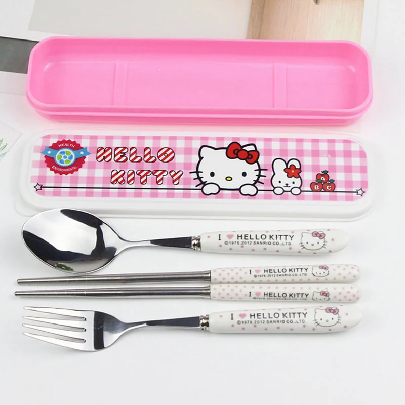 

Sanrio Kawaii My Melody Hello Kittys Stainless Steel Anak Lucu Peralatan Makan Siswa Set Sumpit Garpu Sendok Portabel Anime Gift