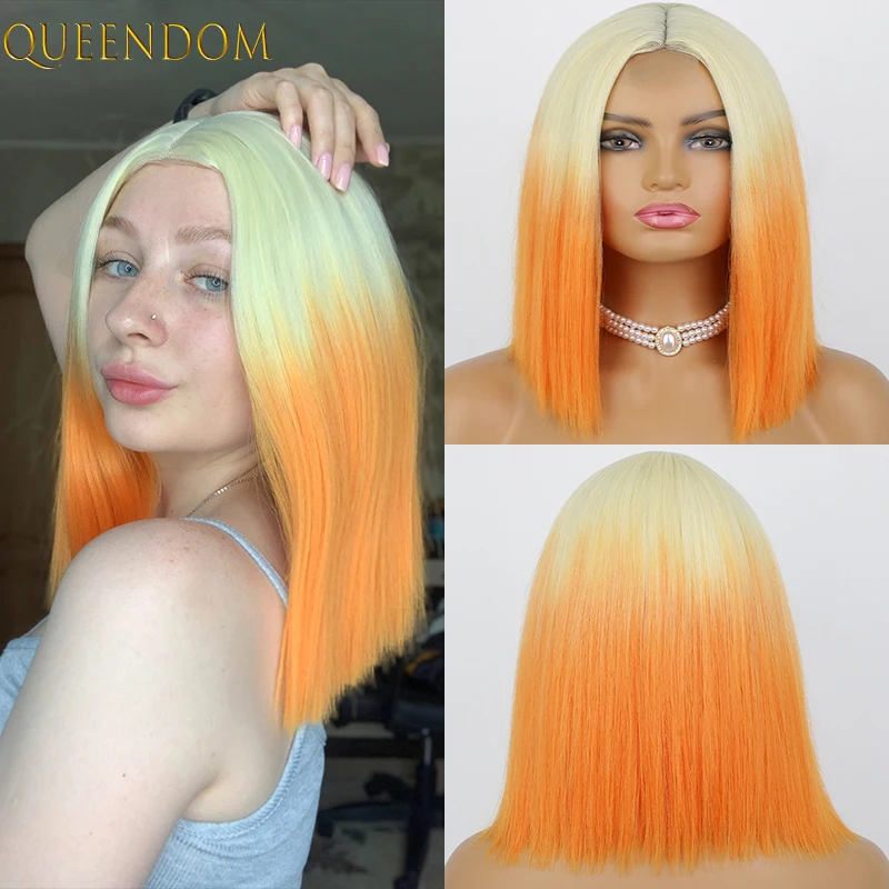 

Omber Blonde Orange Synthetic Wigs for Women Short Bob Straight Wig Middle Part Natural Blonde Pink Ginger Party Cosplay Hairs
