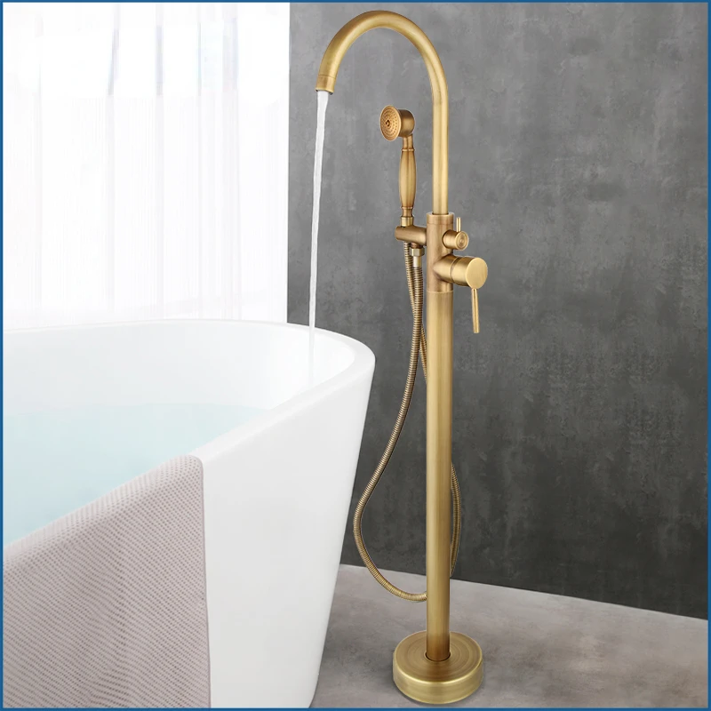 

Antique Brass Bathtub Shower Faucet Floor Standing Solid Brass Shower Bathroom Bath Bathtub Mixer w/ Hand Shower Set