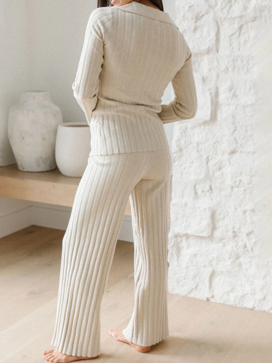 

Wedcur Women Pajamas Sets Long Sleeve Button Up Ribbed Soft Comfy Shirt Wide Leg Pants Pj Set Loungewear Sweater Set