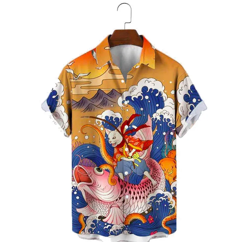 

Men's Vintage Koi Fish Print Casual Breathable Short Sleeve Hawaiian Shirt