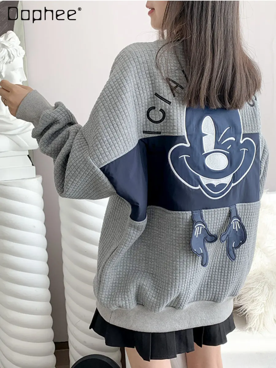 Trendy Gray Cotton Hoodie Coat for Women 2022 Spring and Autumn New Korean Style Loose Round Neck Cartoon Letter Long Sleeve Top