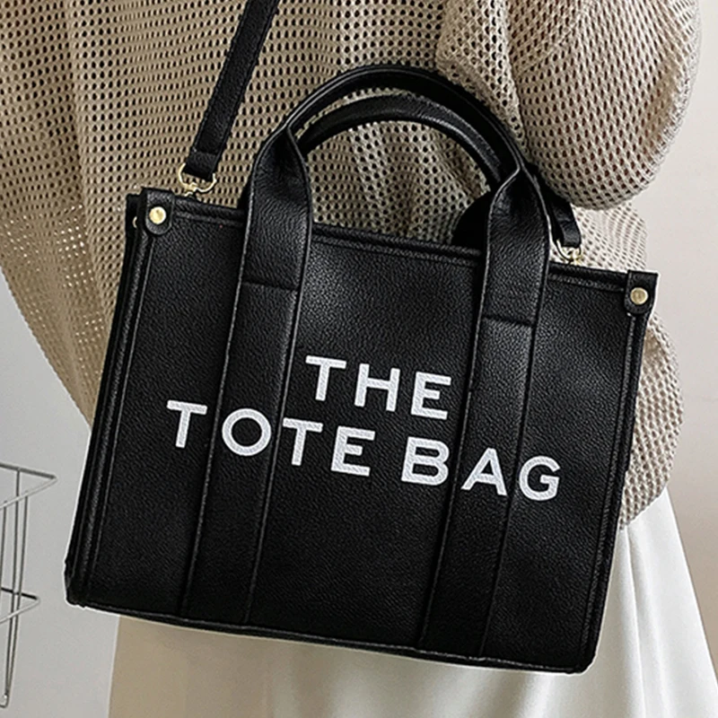Women's Black Tote Shoulder Bag Pu Leather Ladies Commuter Briefcase Crossbody Bags Chic Letter Print Top Handle Female Handbag