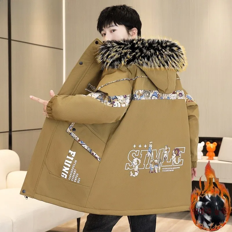 Hengyuanxiang Youth Winter Loose Cotton-padded jacket Outerwear Men's Mid-Length Fashion Hood Fleece-lined Thickened Parka Fa...