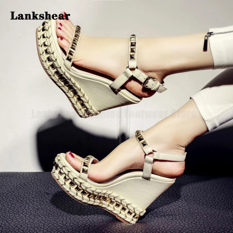 

Rivet Thick-Soled Wedge Sandals Women's Hemp Rope Sole Women's New Style Buckle Buckle Super High-Heeled Sandals Euro Size 34-39
