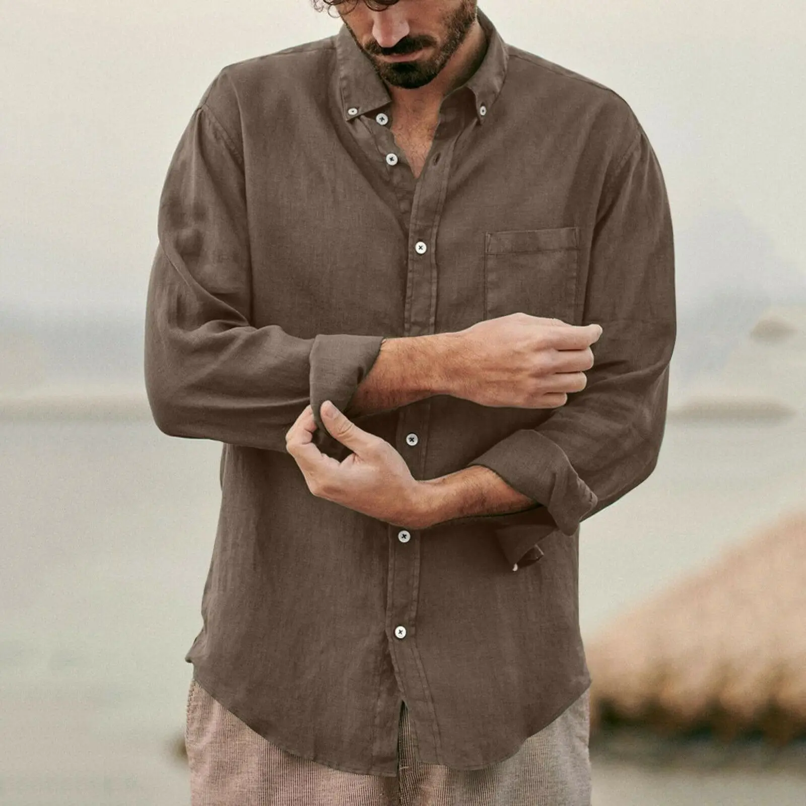 Summer Men's Baggy Solid Cotton Linen Shirt Long Sleeve Button Plus Size Tops M-3XL Hawaiian Beach Style Shirt Streetwear