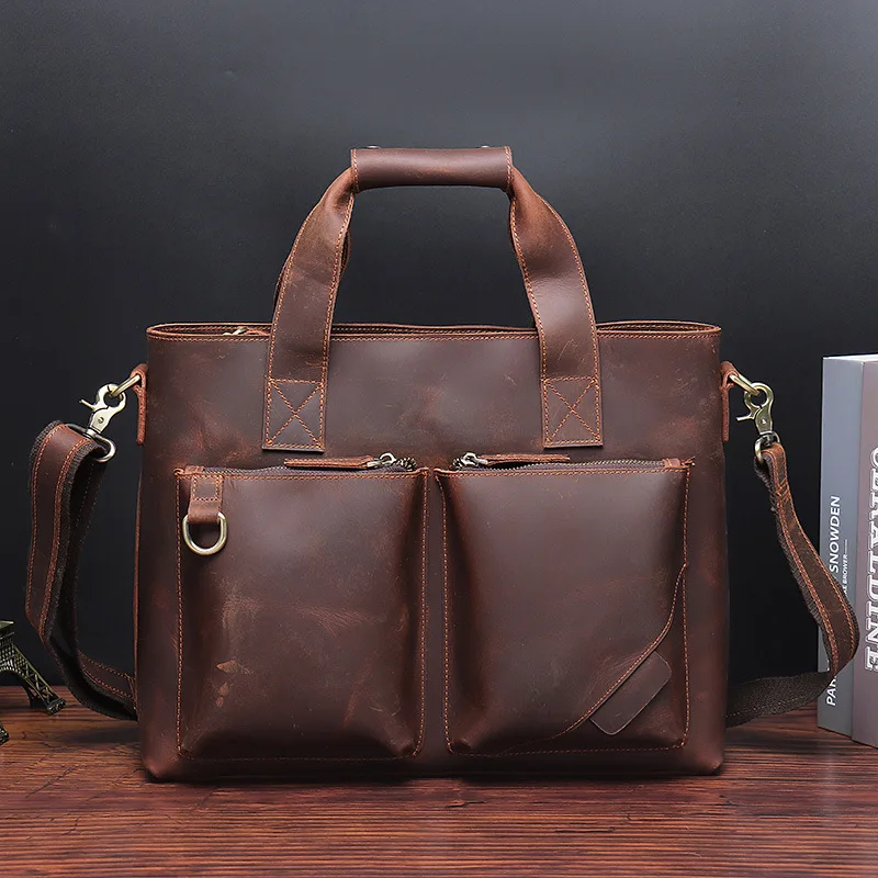 AETOO New handbag men's large-capacity leather business briefcase travel bag crazy horse leather men's shoulder messenger BAG