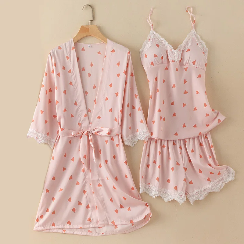

Print Sweet Heart 3PCS Pajamas Set Summer Female Sleepwea Lace Trimr Kimono Bathrobe Loose Thin Silky Satin Home Wear Loungewear