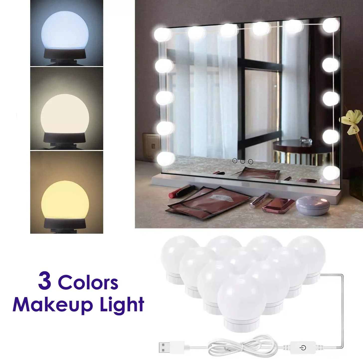 

3 Modes Colors Makeup Mirror Light Led Touch Dimming Vanity Dressing Table Lamp Bulb USB Make Up Mirror Wall Lamp