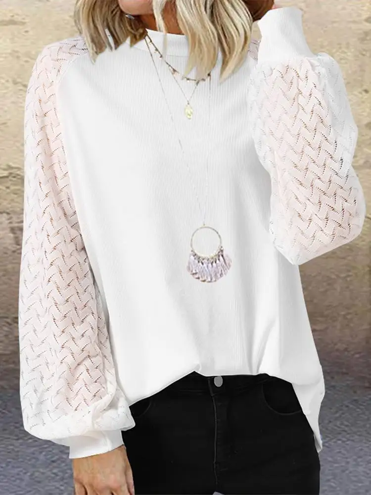 

Oversized Women Lace Patchwork T-shirt Fashion Casual Solid Long Sleeve Tops Tee ZANZEA 2022 Spring Summer O Neck Blusas Chemise