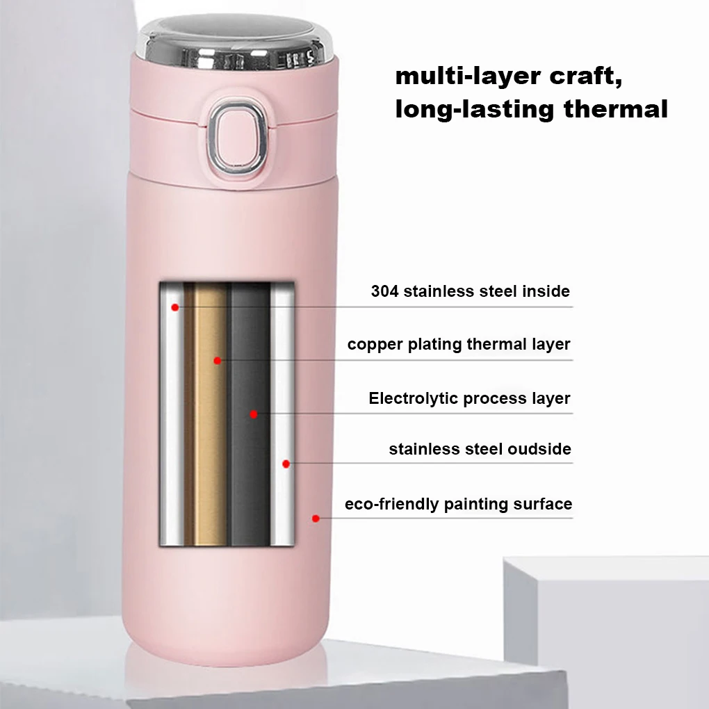 

Smart Water Bottle 420ml 304 Stainless Steel Vacuum Cup Digital Display Bounce Cap Portable Drink Mug, Pink