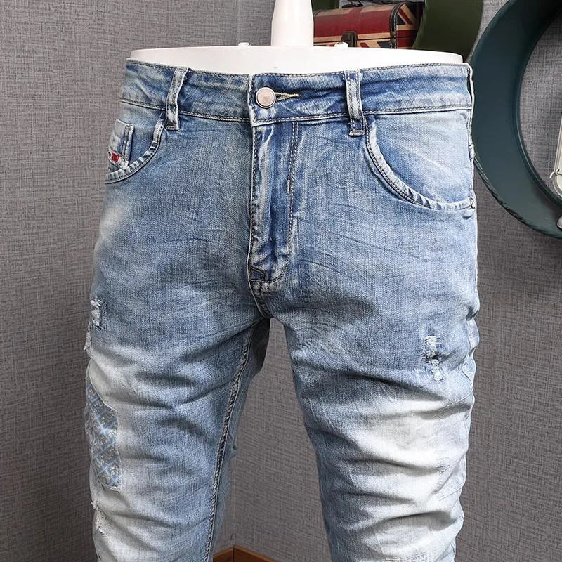 Fashion Designer Men Jeans Retro Light Blue Elastic Stretch Slim Fit Patched Ripped Jeans Men Korean Style Vintage Denim Pants