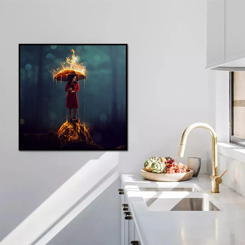 

Umbrella On Fire Wall Deco Canvas Abstractism Girl Wearing Red Clothes Picture Poster Prints Painting Living Room Home Decor