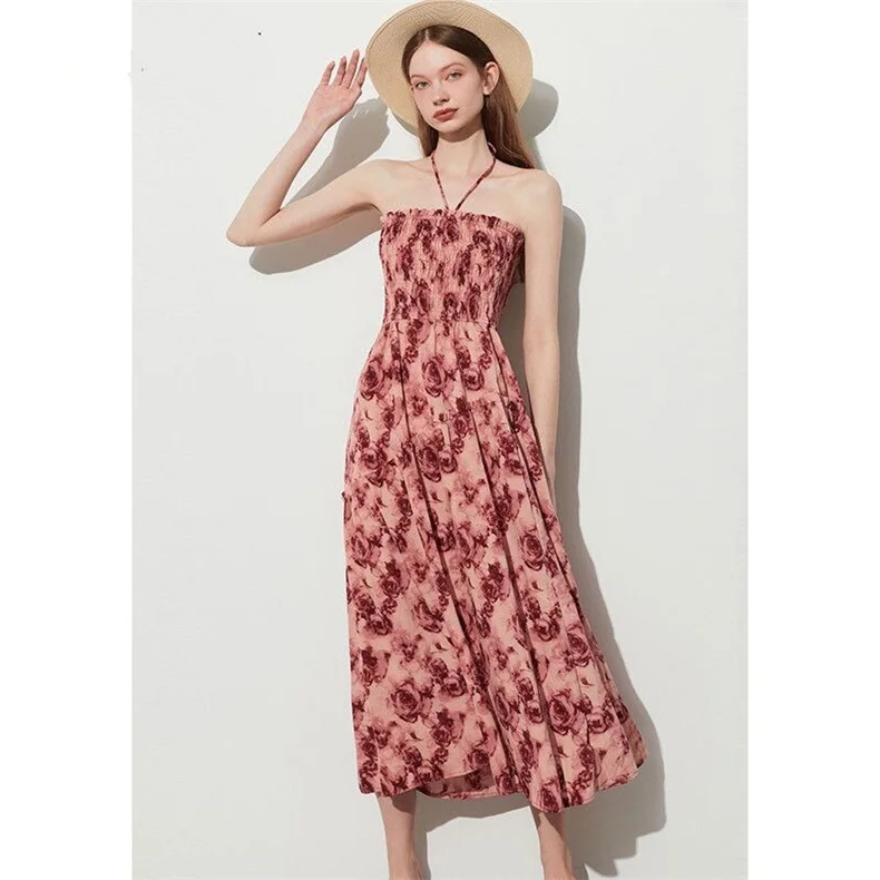 

Summer New Cotton Girlish Suspender Long Dress Vintage French Rose Print A-Line Elastic Waist Temperament Flowy Seaside Vestidos