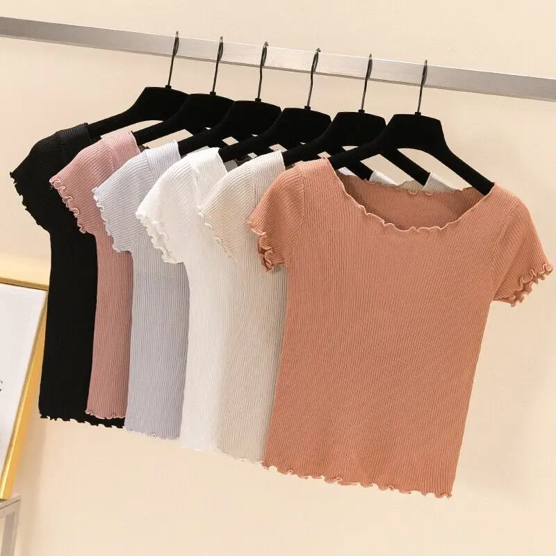 

Vintage T-shirts Knitted Ruffles Hem Crop Top Short Sleeve T shirt For Women 2022 Summer Tops Female Slim Solid Color Clothing