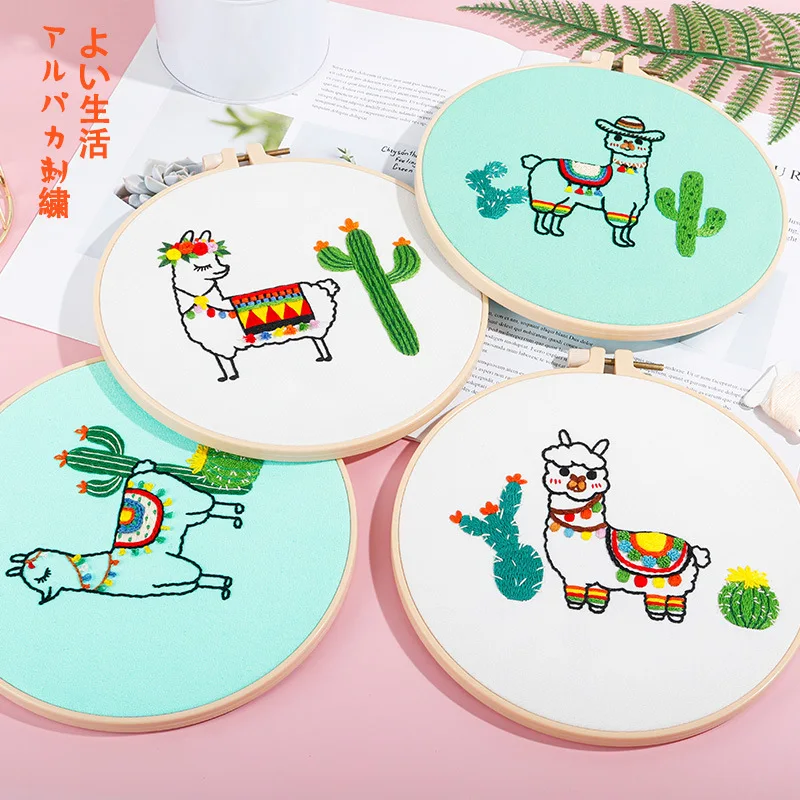 Cute Alpaca Embroidery Kit DIY Needlework Alpaca with Cactus Needlecraft for Beginner Cross Stitch Artcraft Tools(Without Hoop)