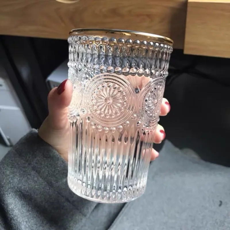 Nordic Style Retro Embossed Phnom Penh Glass Round Sun Flower Water Cup Cold Drink Milk Tea Shop Juice Wholesale Discounts