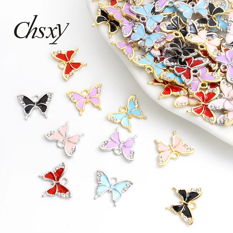

10pcs 14*18mm Butterfly Crystal Enamel Charms Colorful Insect Alloy Pendant For Making DIY Handmade Earrings Jewelry Accessories
